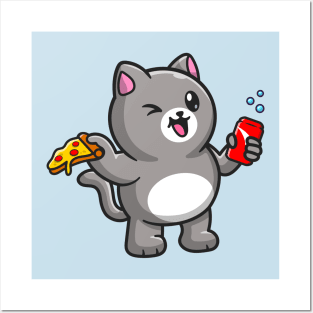 Cute Fat Cat Holding Pizza and Soda Cartoon Posters and Art